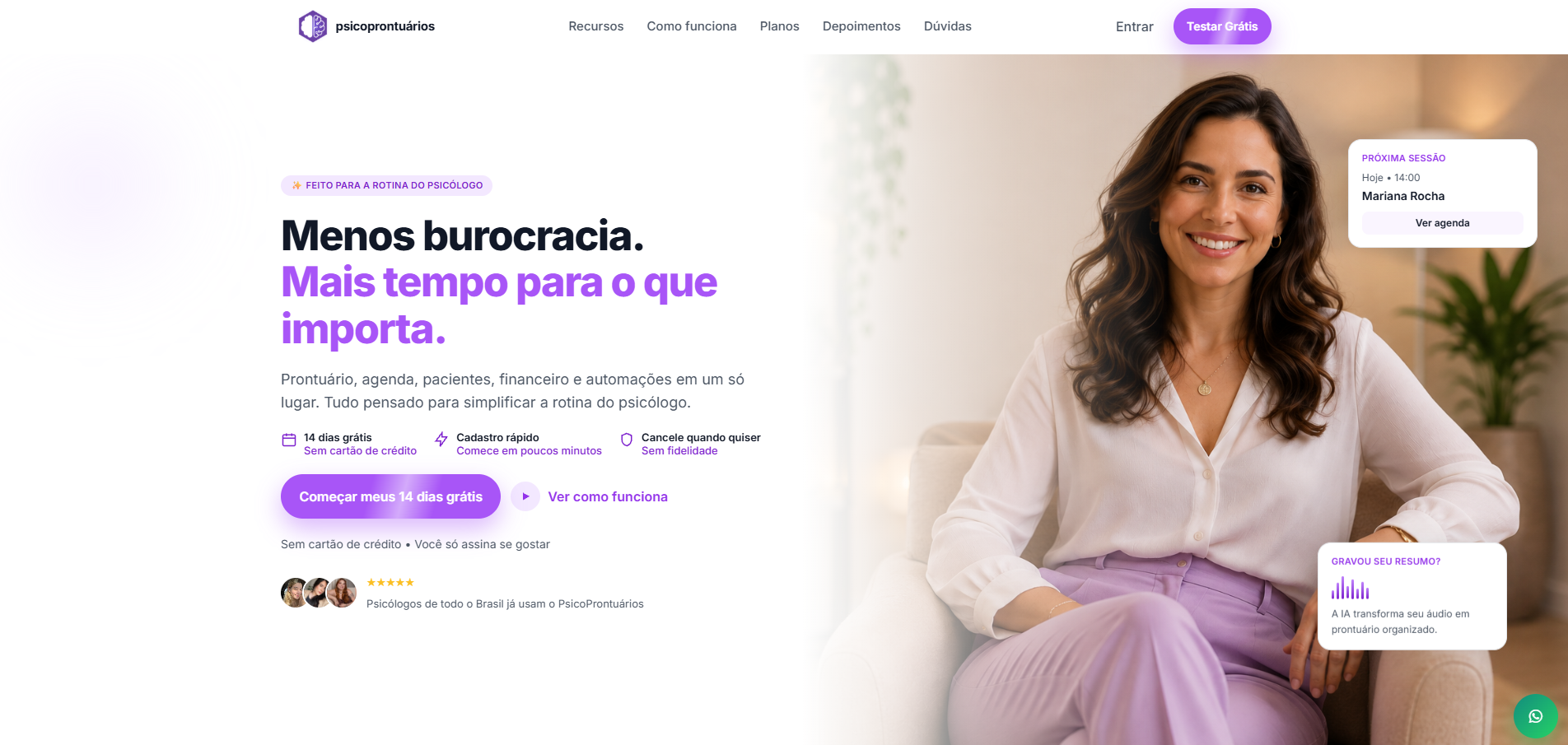 Landing page do Psico Prontuários